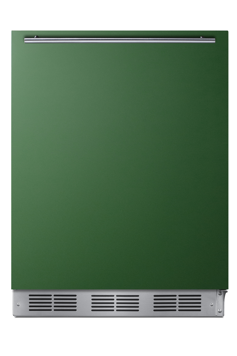 24 in. wide ADA height all-refrigerator for residential use, auto defrost with an emerald green door, stainless steel handle, and black cabinet